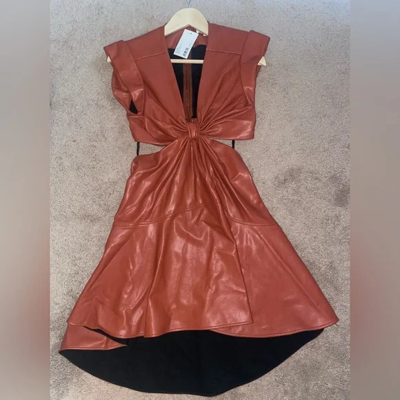 A.L.C Lexi orange or brown vegan leather v neck cutout mini dress - Picture 9 of 12